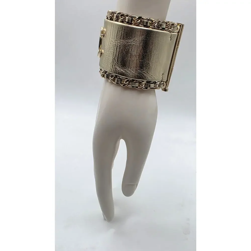 Chanel Gold-tone Leather Interlocking CC Wide Bracelet